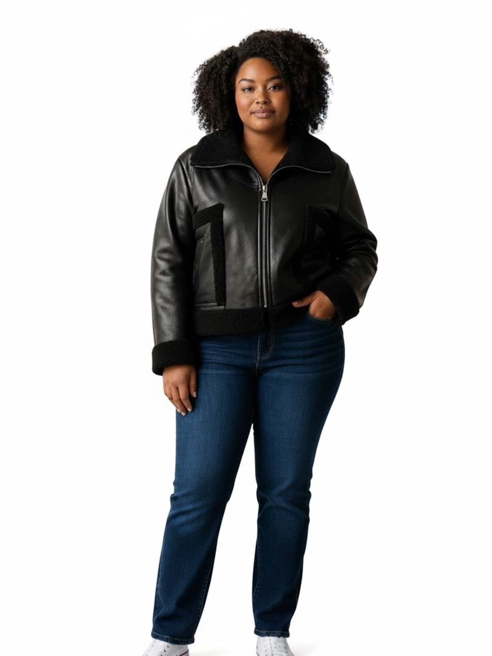 DKNY Black Faux Leather Shearling-Trim Jacket